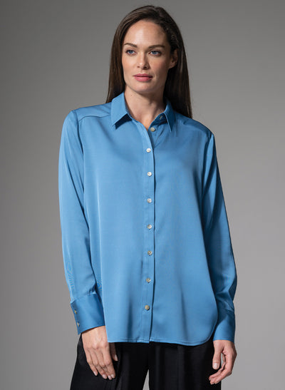 BROOKLYN SILK CHARMEUSE EVERYDAY SILK BLOUSE IN SLATE BLUE