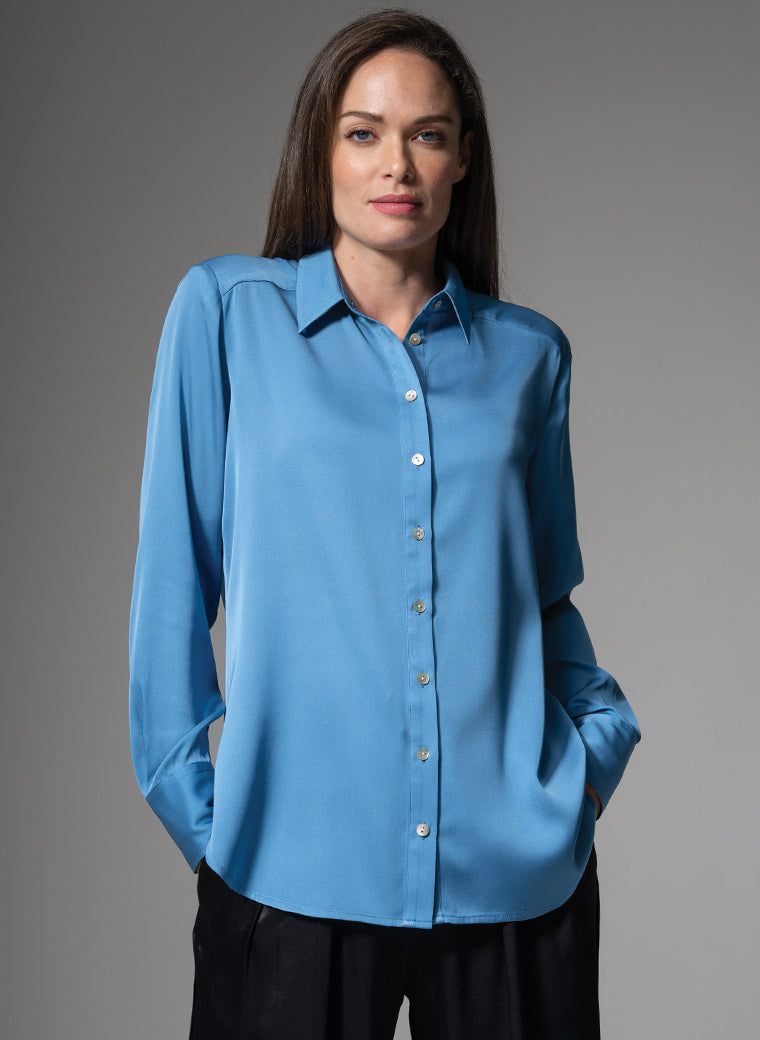 BROOKLYN SILK CHARMEUSE EVERYDAY SILK BLOUSE IN SLATE BLUE