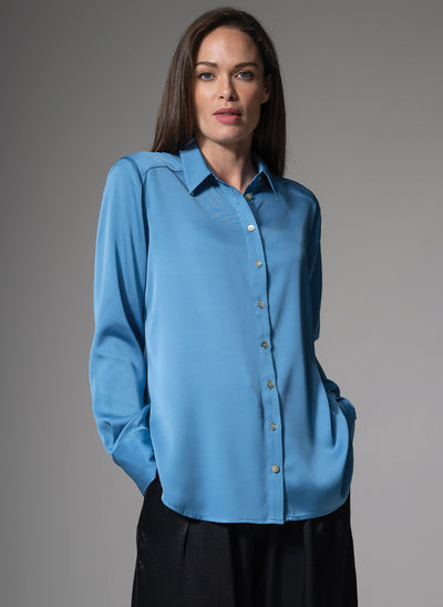BROOKLYN SILK CHARMEUSE EVERYDAY SILK BLOUSE IN SLATE BLUE