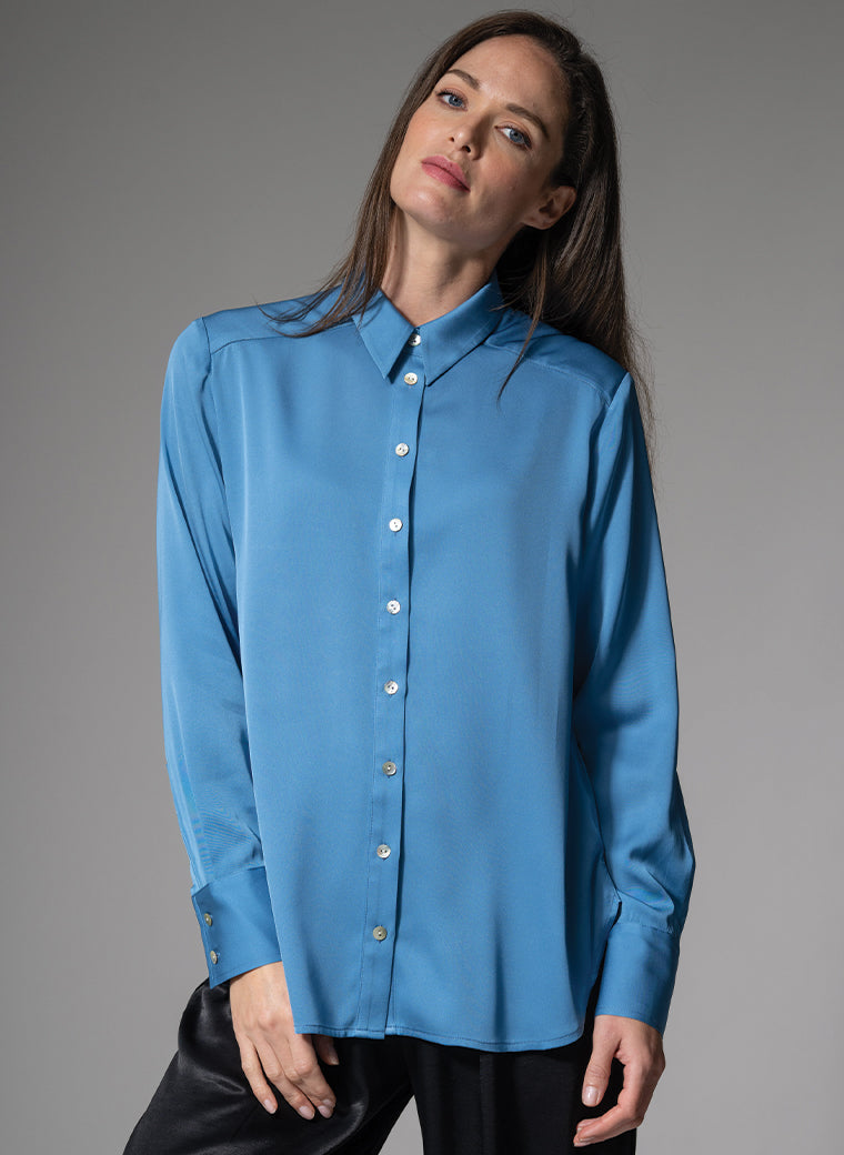 BROOKLYN SILK CHARMEUSE EVERYDAY SILK BLOUSE IN SLATE BLUE
