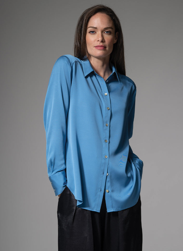 BROOKLYN SILK CHARMEUSE EVERYDAY SILK BLOUSE IN SLATE BLUE