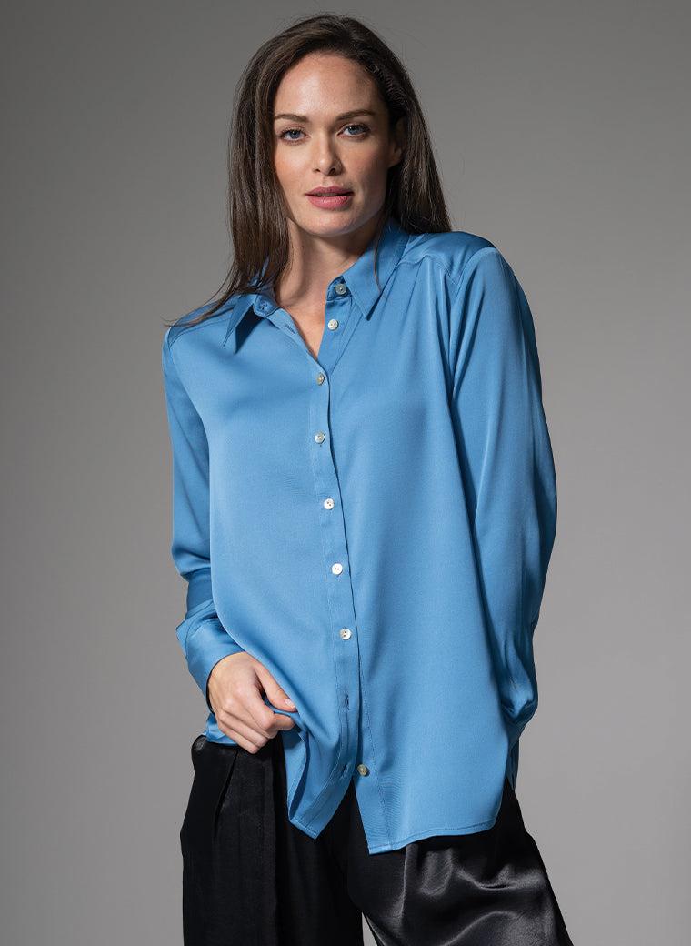 BROOKLYN SILK CHARMEUSE EVERYDAY SILK BLOUSE IN SLATE BLUE