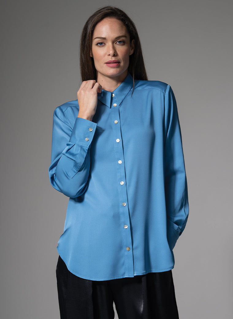 BROOKLYN SILK CHARMEUSE EVERYDAY SILK BLOUSE IN SLATE BLUE