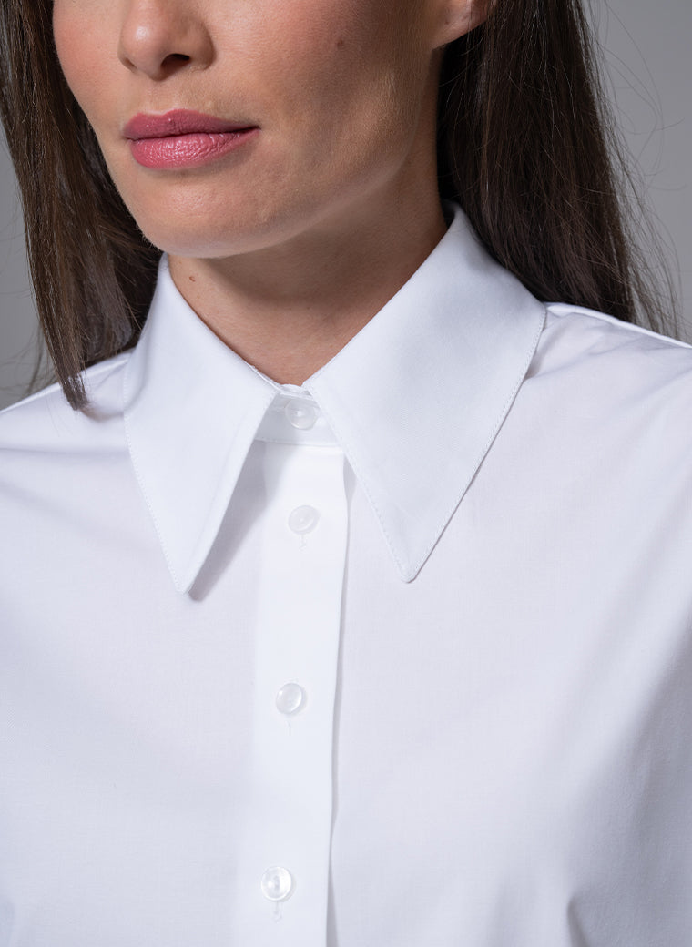 CANDICE CONTEMPORARY BLOUSON SLEEVE WHITE COTTON POPLIN SHIRT WITH SHARP COLLAR