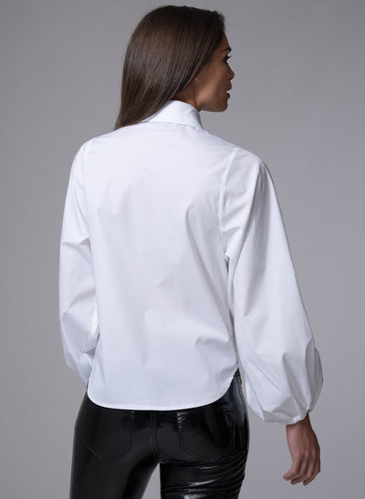 CANDICE CONTEMPORARY BLOUSON SLEEVE WHITE COTTON POPLIN SHIRT WITH SHARP COLLAR