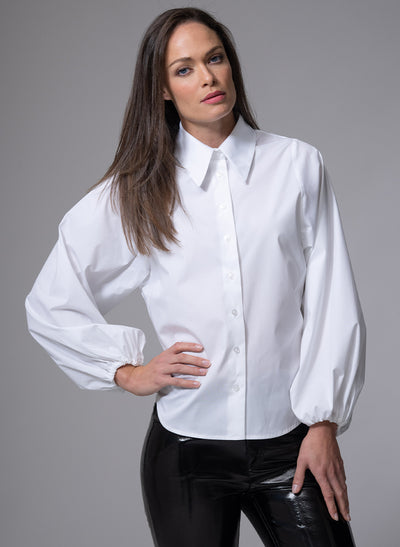 CANDICE CONTEMPORARY BLOUSON SLEEVE WHITE COTTON POPLIN SHIRT WITH SHARP COLLAR