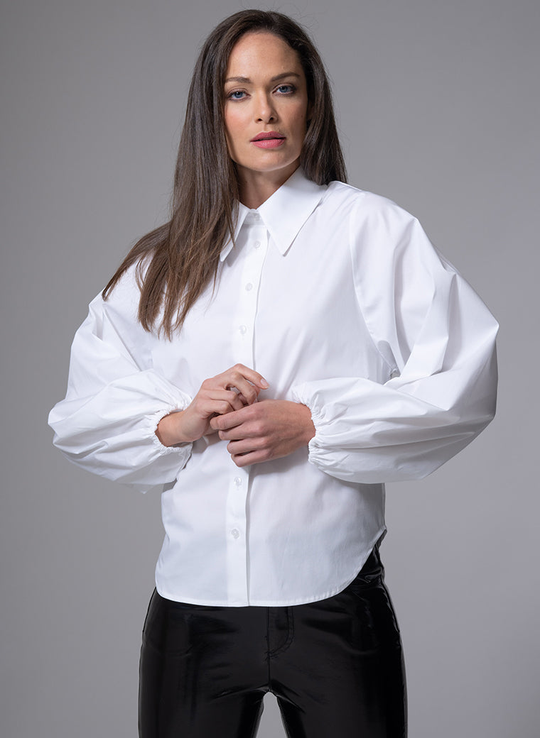 CANDICE CONTEMPORARY BLOUSON SLEEVE WHITE COTTON POPLIN SHIRT WITH SHARP COLLAR