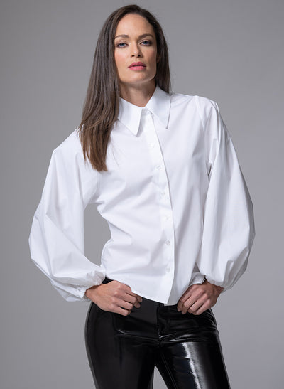 CANDICE CONTEMPORARY BLOUSON SLEEVE WHITE COTTON POPLIN SHIRT WITH SHARP COLLAR