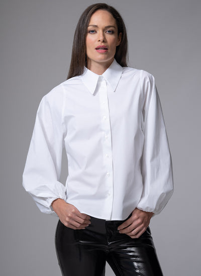 CANDICE CONTEMPORARY BLOUSON SLEEVE WHITE COTTON POPLIN SHIRT WITH SHARP COLLAR