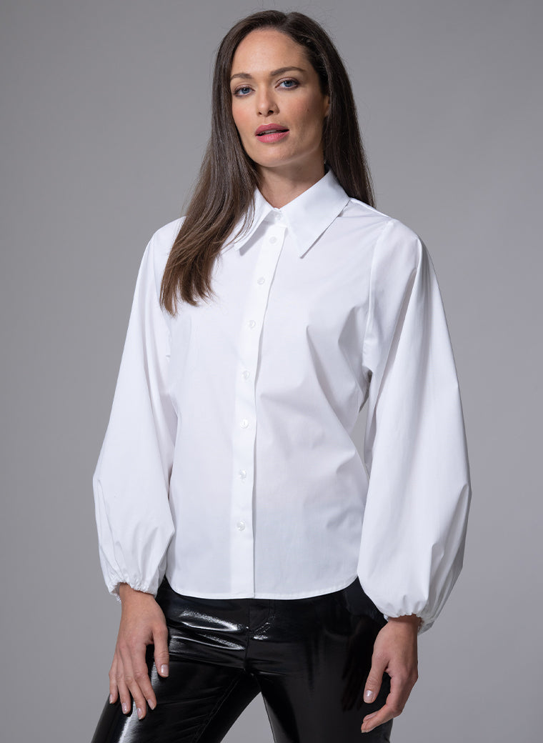 CANDICE CONTEMPORARY BLOUSON SLEEVE WHITE COTTON POPLIN SHIRT WITH SHARP COLLAR