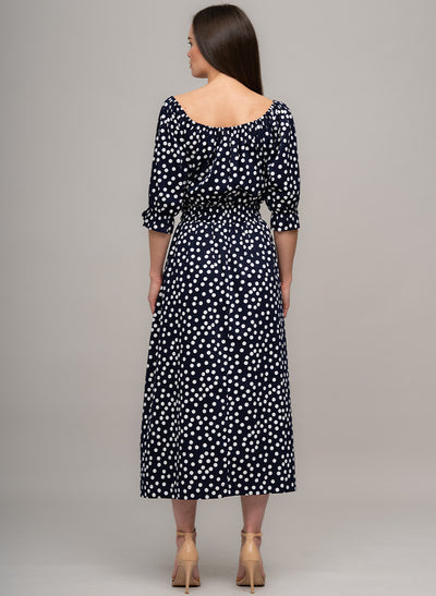 CAPRI COTTON SATEEN BOATNECK SHIRRED ELASTIC MIDI DRESS IN NAVY/WHITE POLKA DOT
