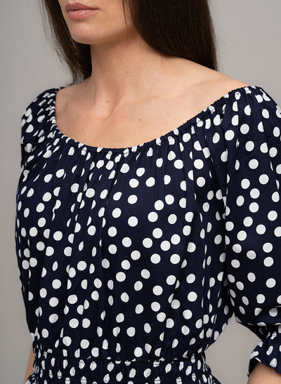 CAPRI COTTON SATEEN BOATNECK SHIRRED ELASTIC MIDI DRESS IN NAVY/WHITE POLKA DOT