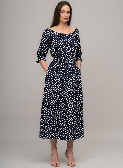 CAPRI COTTON SATEEN BOATNECK SHIRRED ELASTIC MIDI DRESS IN NAVY/WHITE POLKA DOT