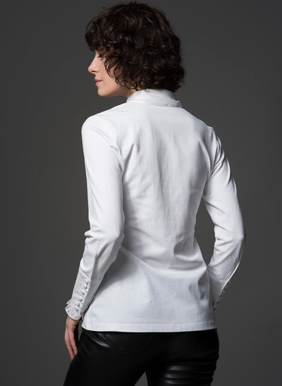 caprice white ruffle shirt viewed from the back