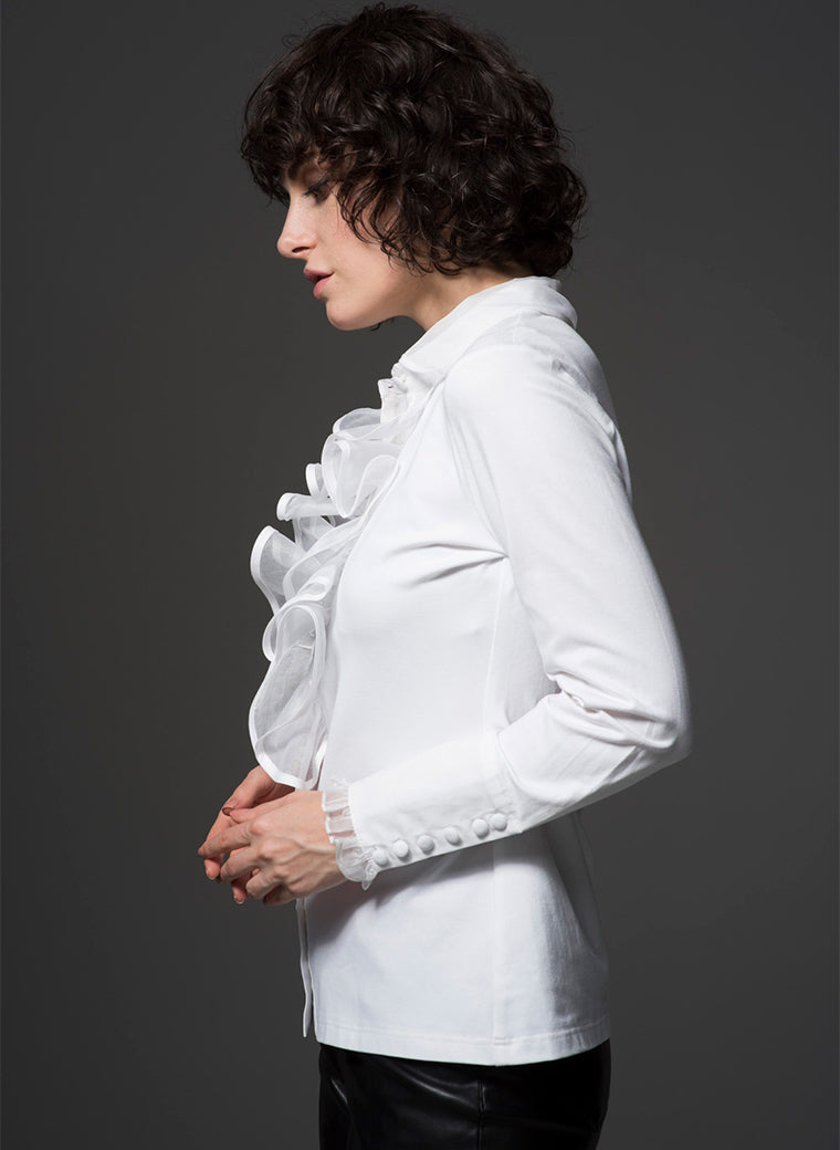 caprice white ruffle shirt viewed from the side