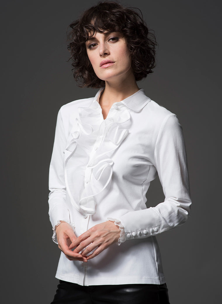 Caprice white ruffle shirt viewed from the front