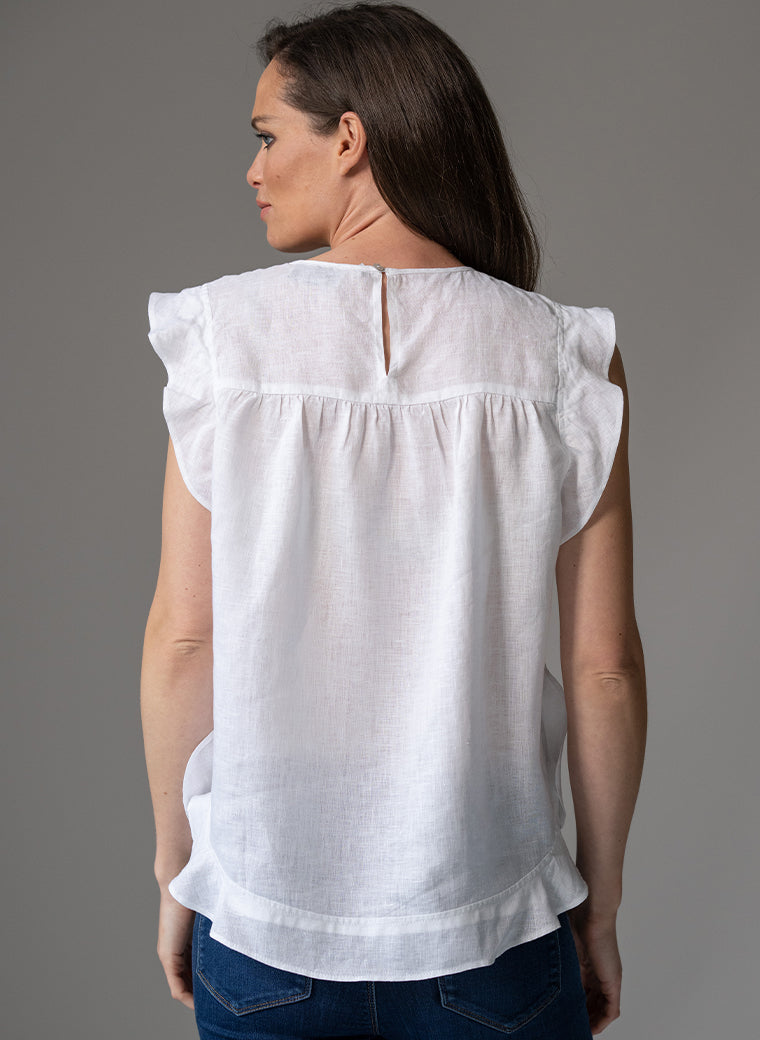 CASSANDRA WHITE LINEN SLEEVELESS BOHO RANGE BLOUSE