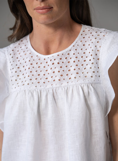CASSANDRA WHITE LINEN SLEEVELESS BOHO RANGE BLOUSE