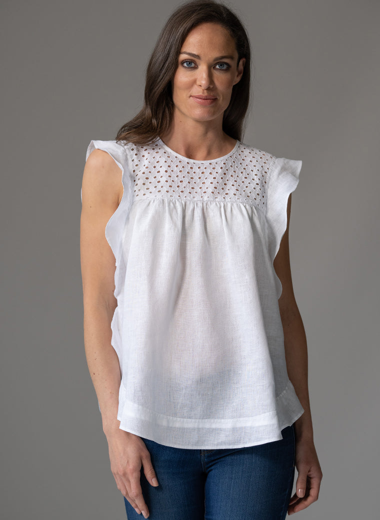 CASSANDRA WHITE LINEN SLEEVELESS BOHO RANGE BLOUSE