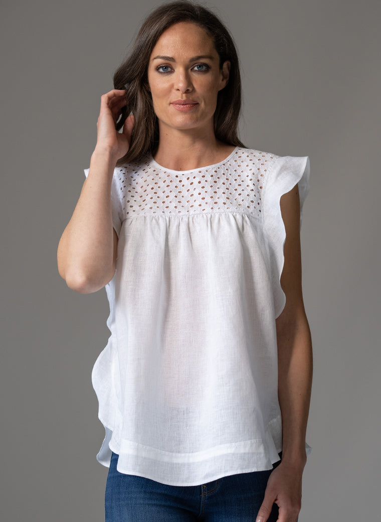 CASSANDRA WHITE LINEN SLEEVELESS BOHO RANGE BLOUSE