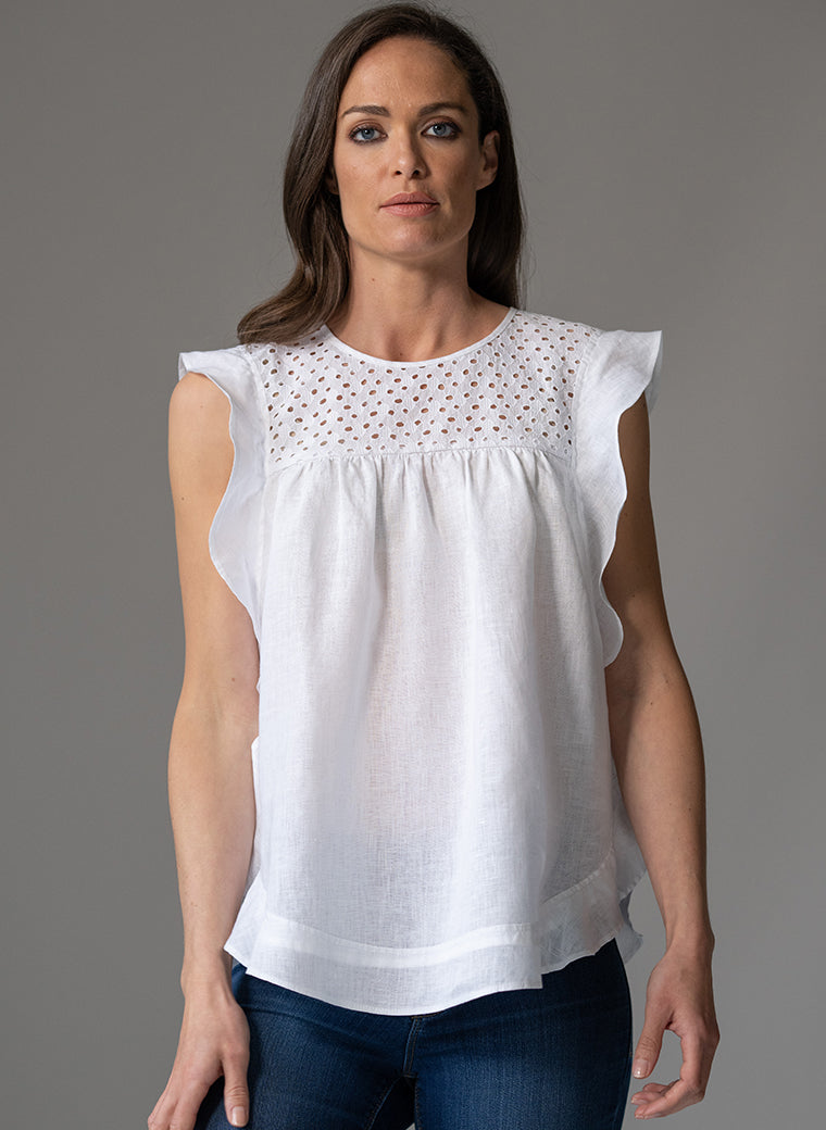 CASSANDRA WHITE LINEN SLEEVELESS BOHO RANGE BLOUSE