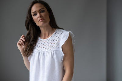CASSANDRA WHITE LINEN SLEEVELESS BOHO RANGE BLOUSE