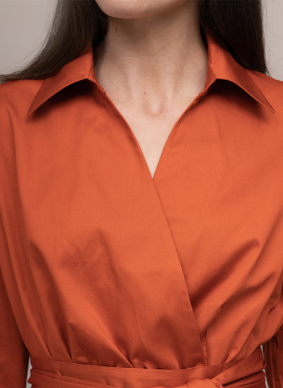 CHRISTIANE COTTON SATEEN EVERYDAY MIDI LINGTH SHIRT DRESS WITH OBI BELT IN BURNT ORANGE