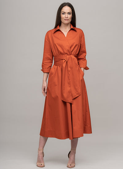 CHRISTIANE COTTON SATEEN EVERYDAY MIDI LINGTH SHIRT DRESS WITH OBI BELT IN BURNT ORANGE