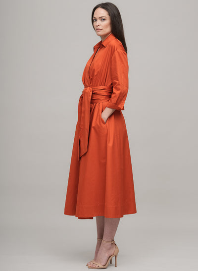 CHRISTIANE COTTON SATEEN EVERYDAY MIDI LINGTH SHIRT DRESS WITH OBI BELT IN BURNT ORANGE
