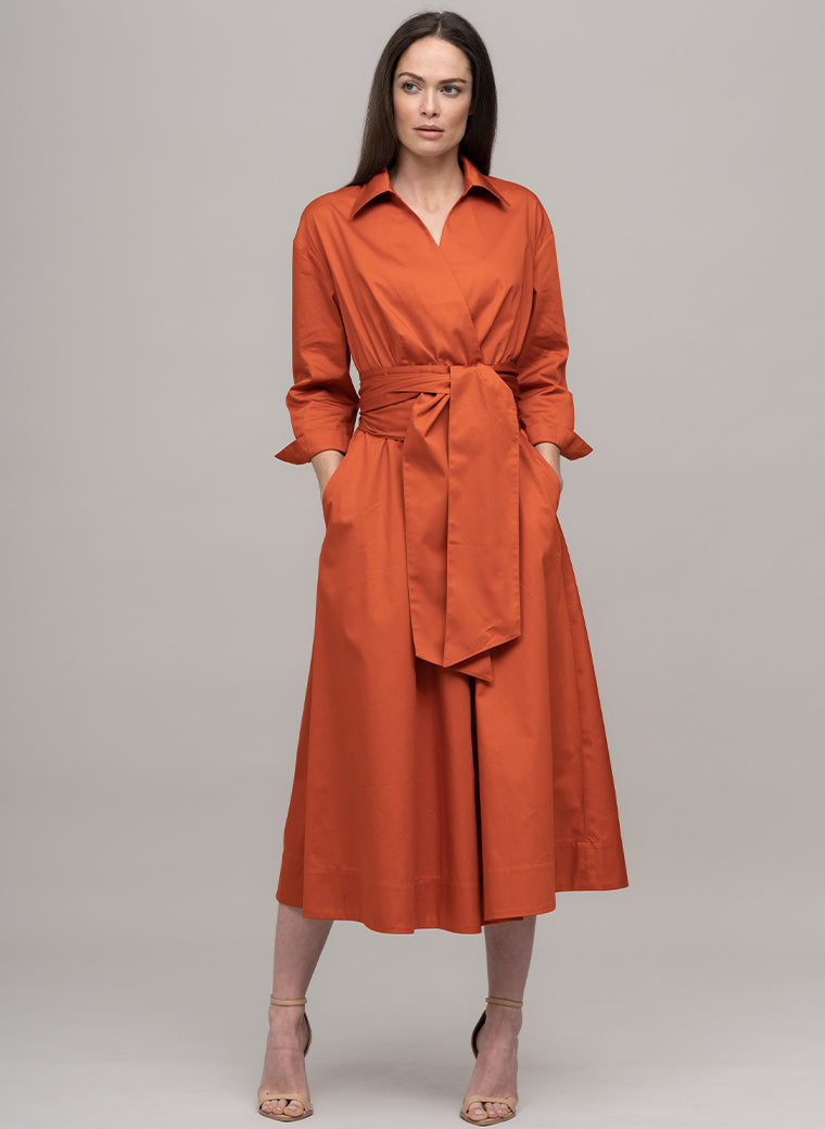 CHRISTIANE COTTON SATEEN EVERYDAY MIDI LINGTH SHIRT DRESS WITH OBI BELT IN BURNT ORANGE