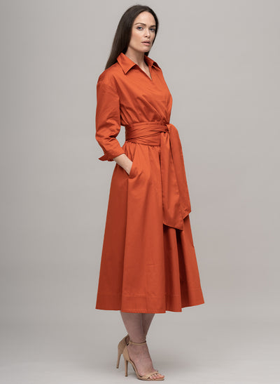 CHRISTIANE COTTON SATEEN EVERYDAY MIDI LINGTH SHIRT DRESS WITH OBI BELT IN BURNT ORANGE
