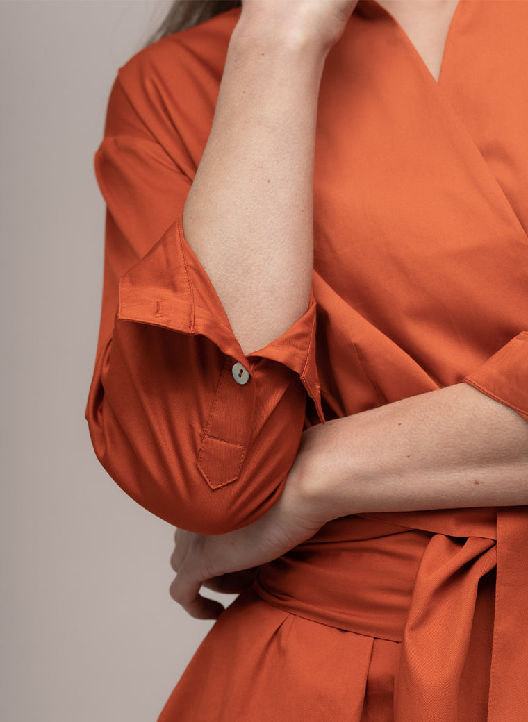 CHRISTIANE COTTON SATEEN EVERYDAY MIDI LINGTH SHIRT DRESS WITH OBI BELT IN BURNT ORANGE
