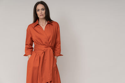 CHRISTIANE COTTON SATEEN EVERYDAY MIDI LINGTH SHIRT DRESS WITH OBI BELT IN BURNT ORANGE