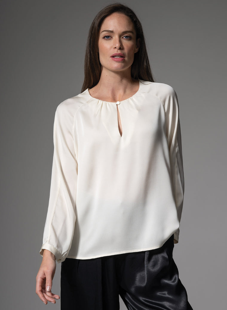 CLAUDINE SILK CHARMEUSE EVERYDAY ROUND NECK SILK BLOUSE IN ECRU