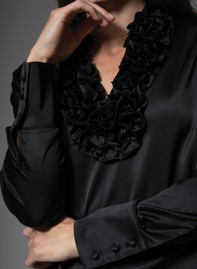 CONSTANCE RUFFLE COLLAR SILK SATIN EVENING BLOUSE IN BLACK