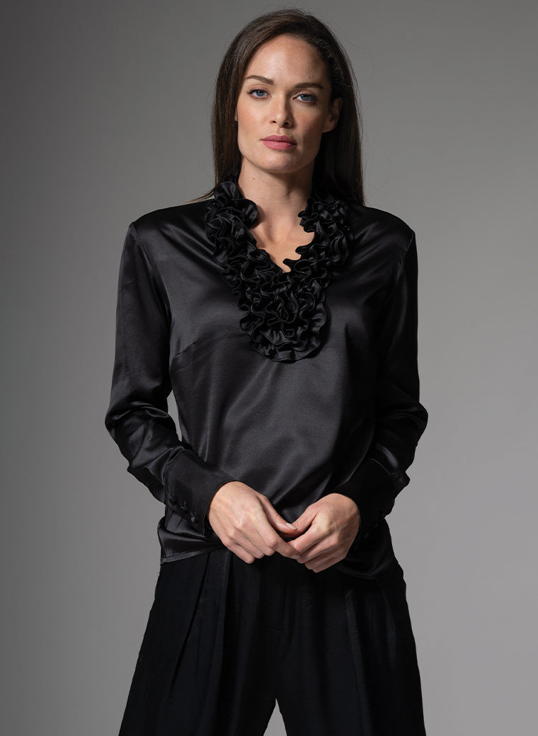 CONSTANCE RUFFLE COLLAR SILK SATIN EVENING BLOUSE IN BLACK