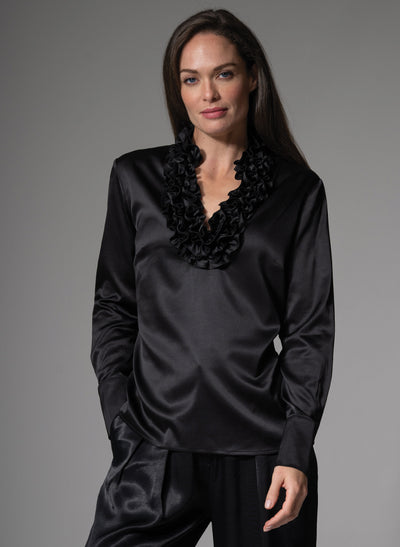 CONSTANCE RUFFLE COLLAR SILK SATIN EVENING BLOUSE IN BLACK