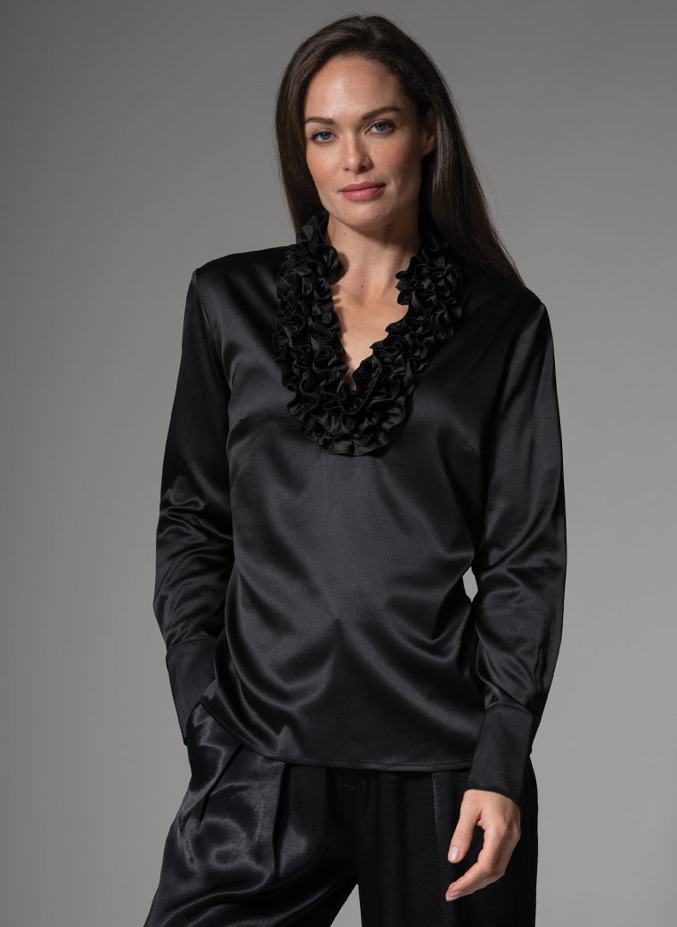 CONSTANCE RUFFLE COLLAR SILK SATIN EVENING BLOUSE IN BLACK