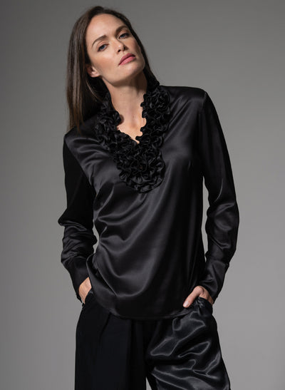 CONSTANCE RUFFLE COLLAR SILK SATIN EVENING BLOUSE IN BLACK