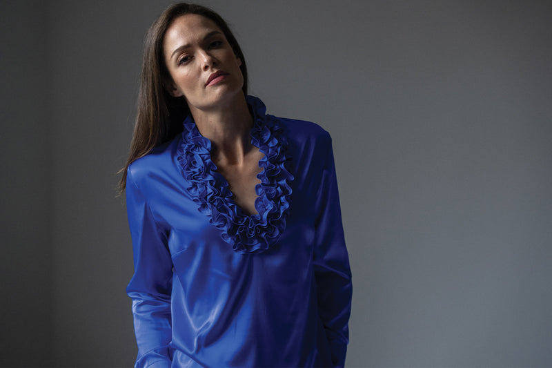 CONSTANCE RUFFLE COLLAR SILK SATIN EVENING BLOUSE IN ELECTRIC BLUE
