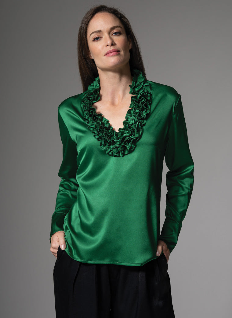 CONSTANCE RUFFLE COLLAR SILK SATIN EVENING BLOUSE IN EMERALD GREEN ...