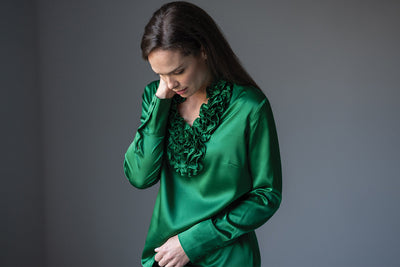 CONSTANCE RUFFLE COLLAR SILK SATIN EVENING BLOUSE IN EMERALD GREEN