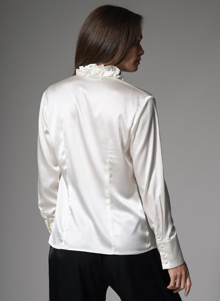 CONSTANCE RUFFLE COLLAR SILK SATIN EVENING BLOUSE IN IVORY