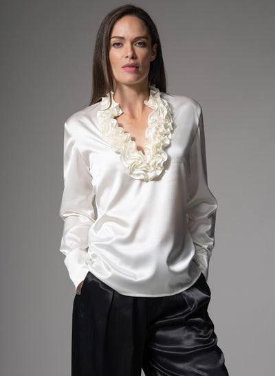CONSTANCE RUFFLE COLLAR SILK SATIN EVENING BLOUSE IN IVORY