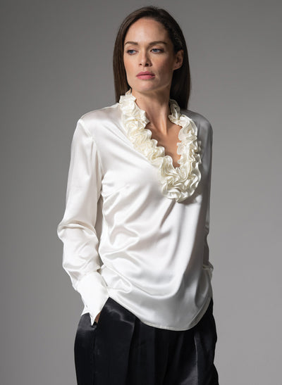 CONSTANCE RUFFLE COLLAR SILK SATIN EVENING BLOUSE IN IVORY