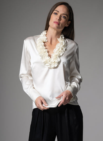 CONSTANCE RUFFLE COLLAR SILK SATIN EVENING BLOUSE IN IVORY