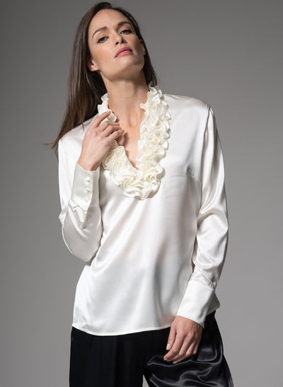CONSTANCE RUFFLE COLLAR SILK SATIN EVENING BLOUSE IN IVORY