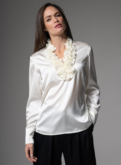 CONSTANCE RUFFLE COLLAR SILK SATIN EVENING BLOUSE IN IVORY