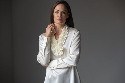 CONSTANCE RUFFLE COLLAR SILK SATIN EVENING BLOUSE IN IVORY