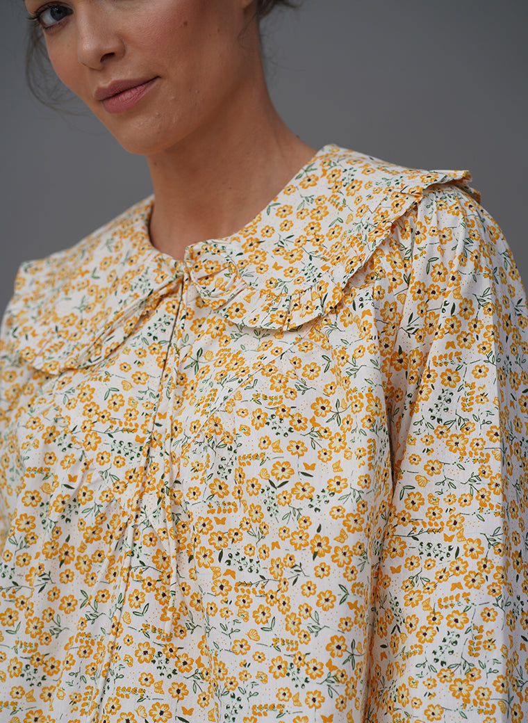 ELSA PRAIRIE COLLAR YELLOW FLORAL PRINT EASY FIT POP-OVER SHIRT